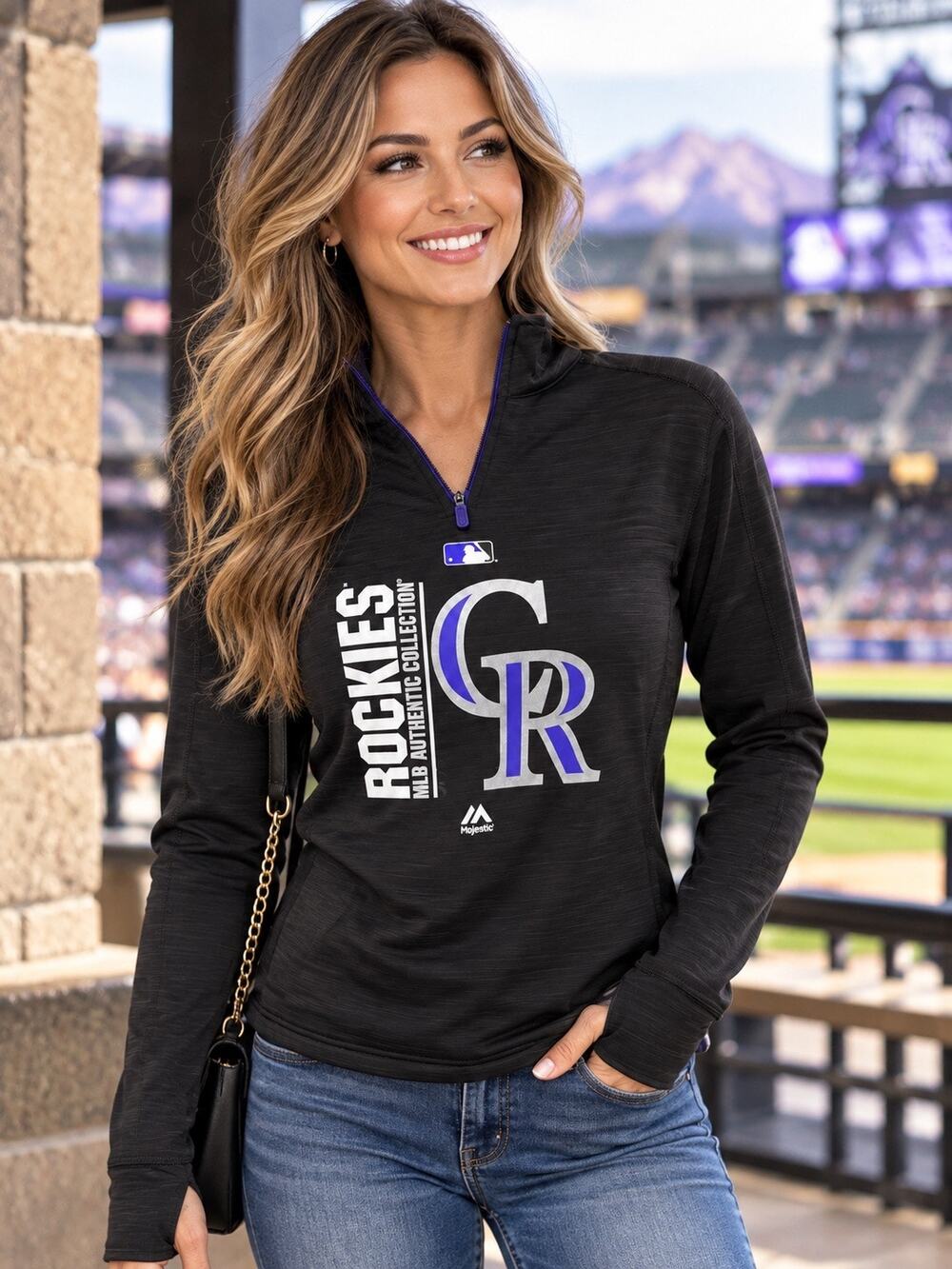 Colorado Rockies Majestic Womens M Quarter Zip Pullover MLB Black Purple 1/4 Zip